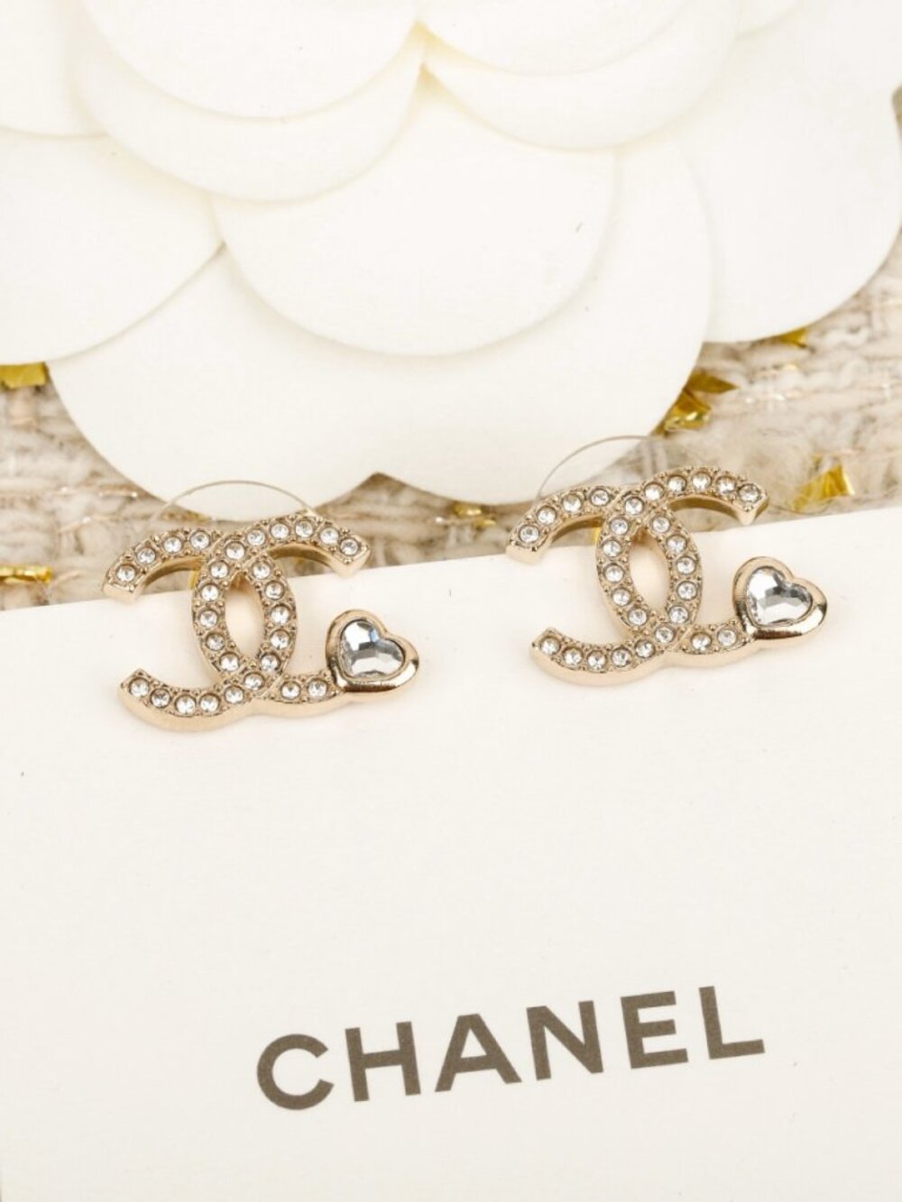 Chanel Gold-Tone Crystal CC Heart Stud Earrings